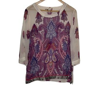 Chico's Women's Semi Sheer Paisley 3/4 Sleeve Purple White Tunic Size 2 (Medium)